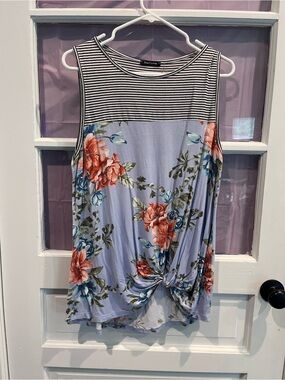 Pink Clover Lavender Floral & Striped Twist-Hem Tank
